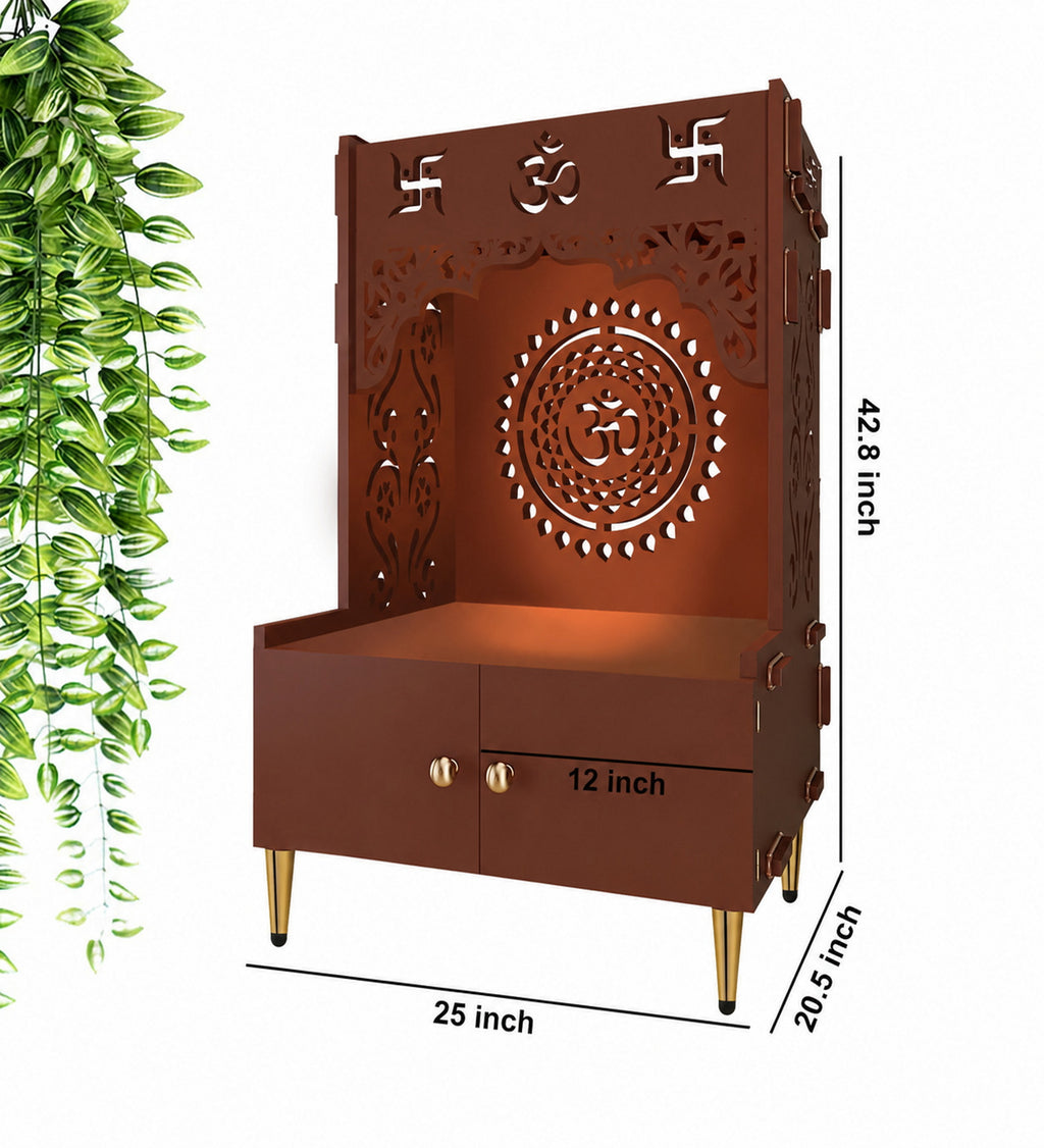 Designer Om Chakra Floor Temple with Spacious Wooden Shelf & Inbuilt Focus Light- Brown Finish