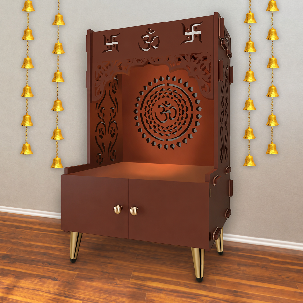 Designer Om Chakra Floor Temple with Spacious Wooden Shelf & Inbuilt Focus Light- Brown Finish