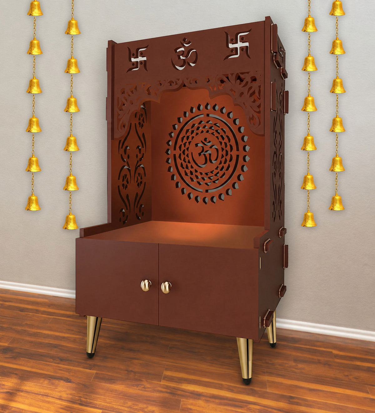 Designer Om Chakra Floor Temple with Spacious Wooden Shelf & Inbuilt Focus Light- Brown Finish