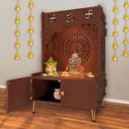 Designer Om Chakra Floor Temple with Spacious Wooden Shelf & Inbuilt Focus Light- Brown Finish