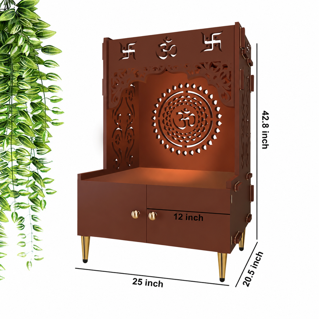 Designer Om Chakra Floor Temple with Spacious Wooden Shelf & Inbuilt Focus Light- Brown Finish