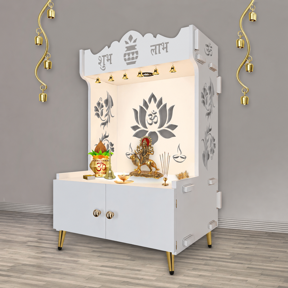 Beautiful Lotus Pattern Floor Temple with Spacious Wooden Shelf & Inbuilt Focus Light- White Finish