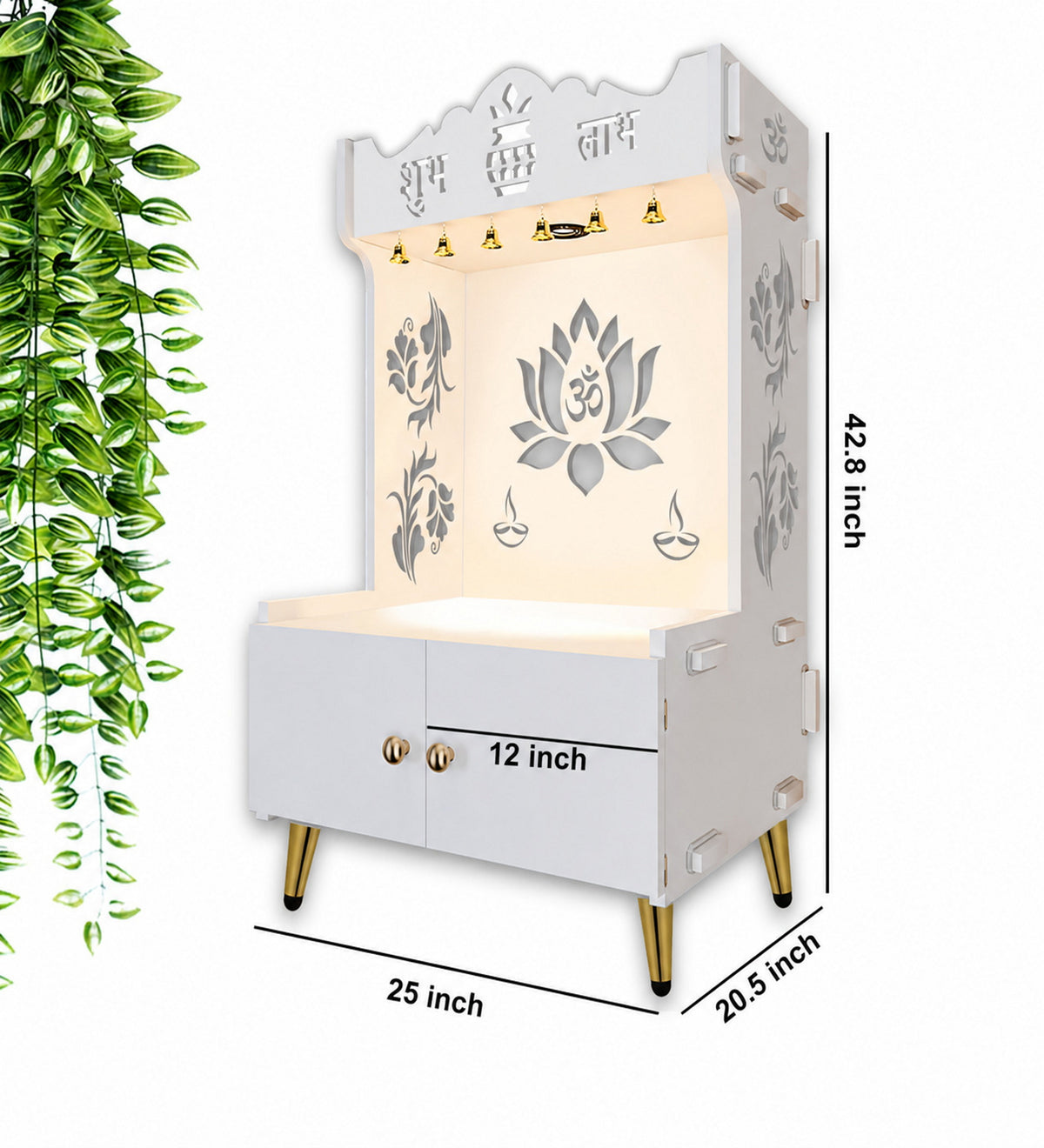 Beautiful Lotus Pattern Floor Temple with Spacious Wooden Shelf & Inbuilt Focus Light- White Finish
