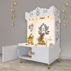 Beautiful Lotus Pattern Floor Temple with Spacious Wooden Shelf & Inbuilt Focus Light- White Finish