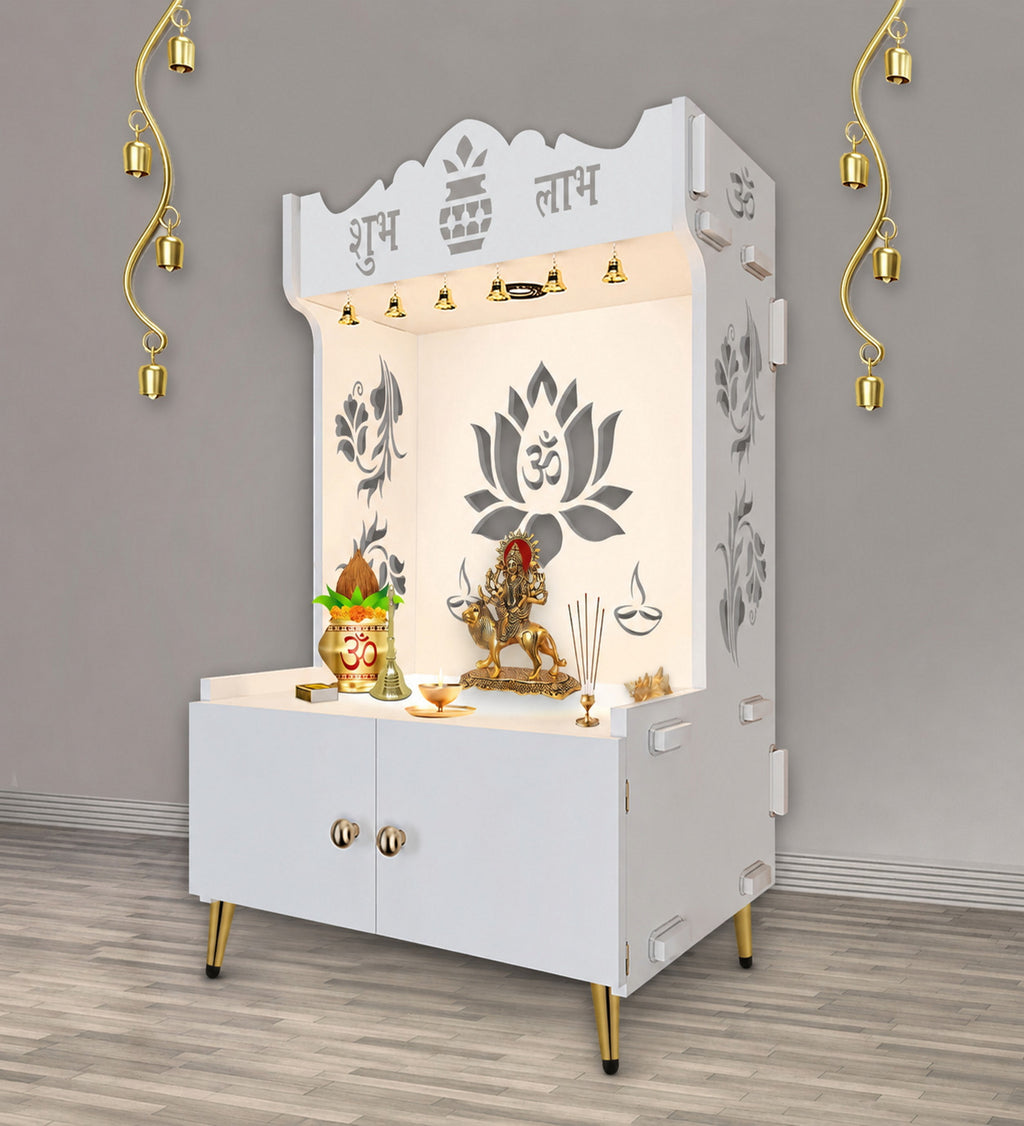 Beautiful Lotus Pattern Floor Temple with Spacious Wooden Shelf & Inbuilt Focus Light- White Finish