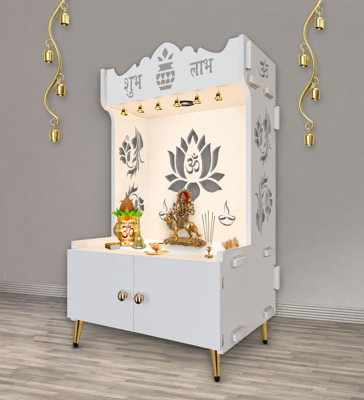 Beautiful Lotus Pattern Floor Temple with Spacious Wooden Shelf & Inbuilt Focus Light- White Finish