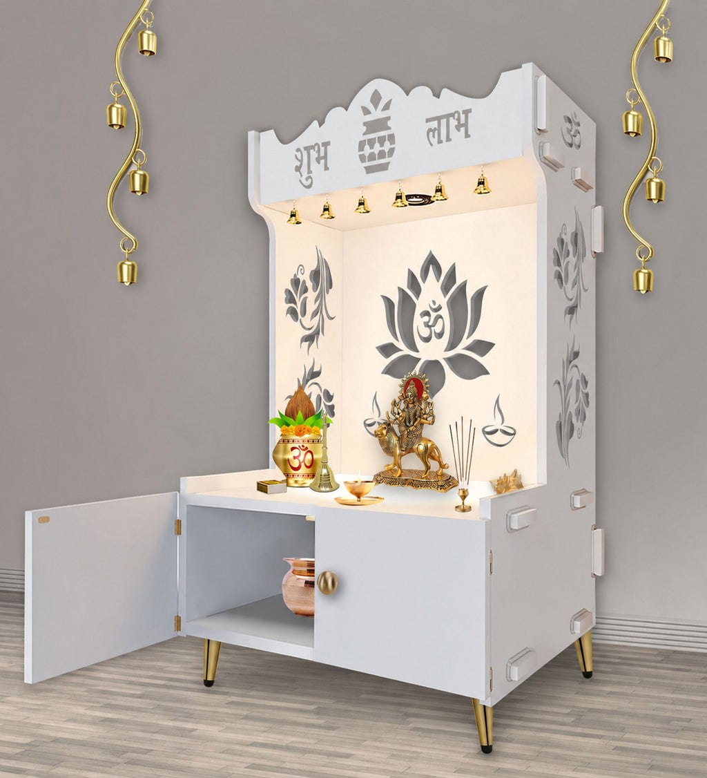 Beautiful Lotus Pattern Floor Temple with Spacious Wooden Shelf & Inbuilt Focus Light- White Finish