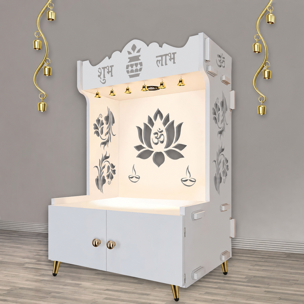 Beautiful Lotus Pattern Floor Temple with Spacious Wooden Shelf & Inbuilt Focus Light- White Finish