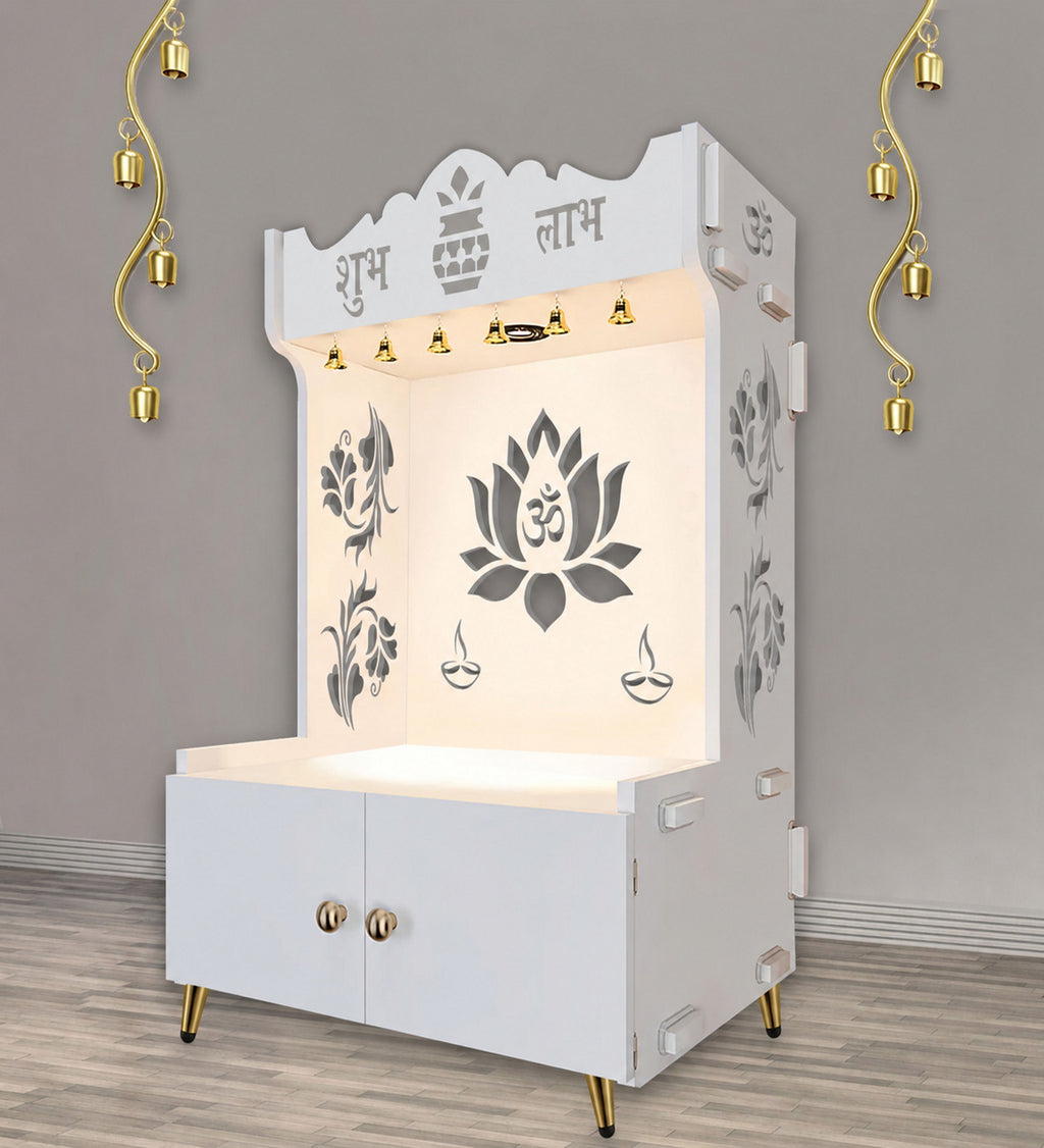 Beautiful Lotus Pattern Floor Temple with Spacious Wooden Shelf & Inbuilt Focus Light- White Finish