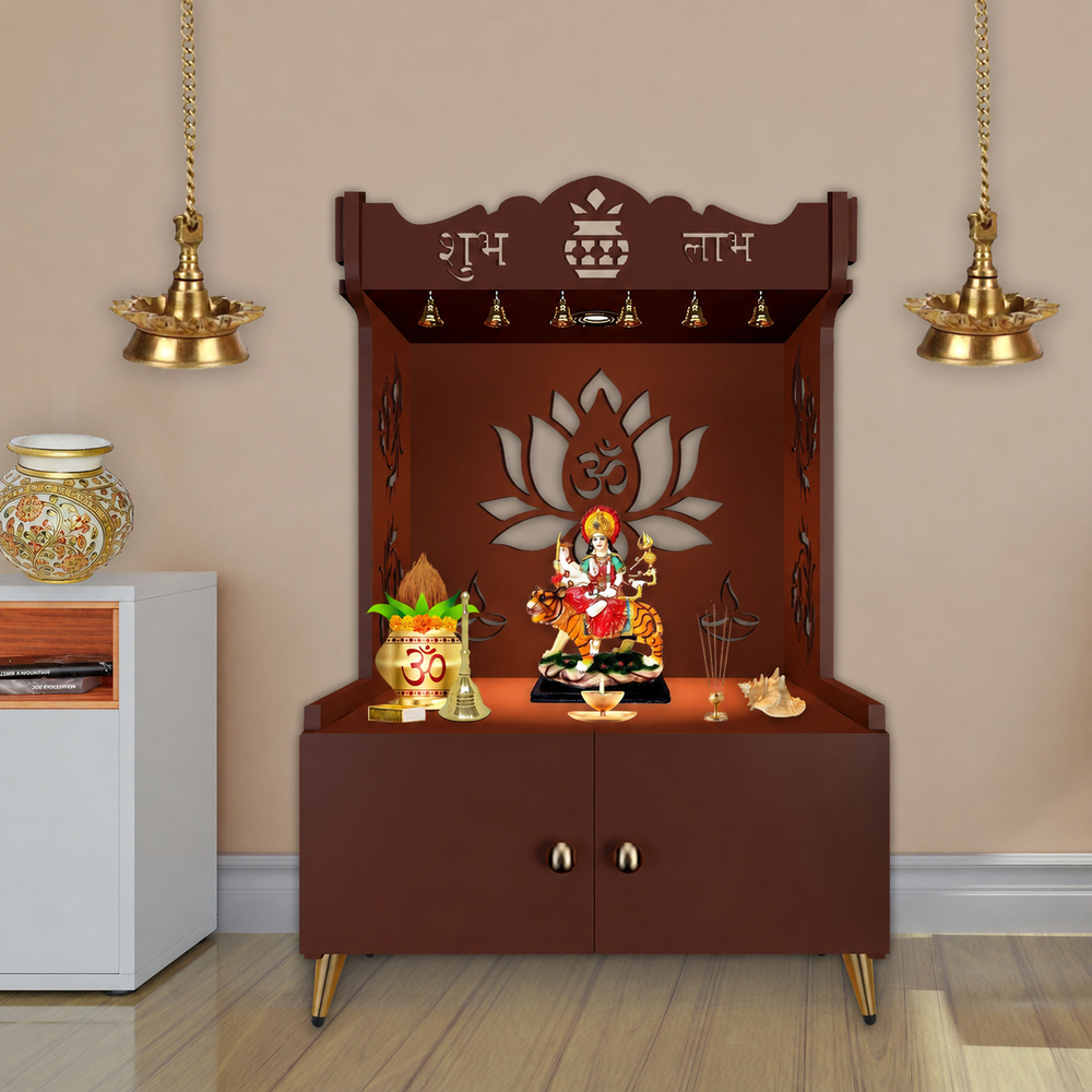 Beautiful Lotus Pattern Floor Temple with Spacious Wooden Shelf & Inbuilt Focus Light- Brown Finish