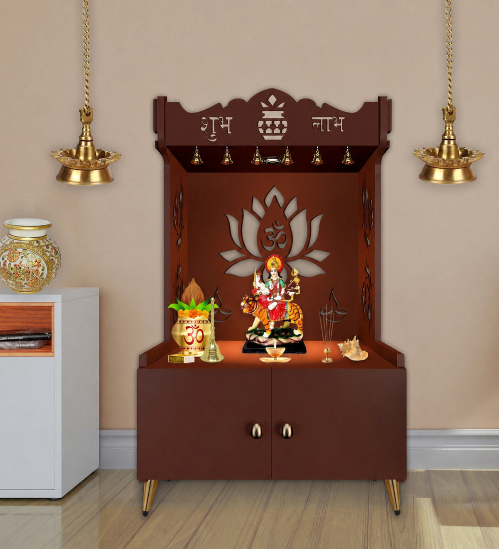 Beautiful Lotus Pattern Floor Temple with Spacious Wooden Shelf & Inbuilt Focus Light- Brown Finish