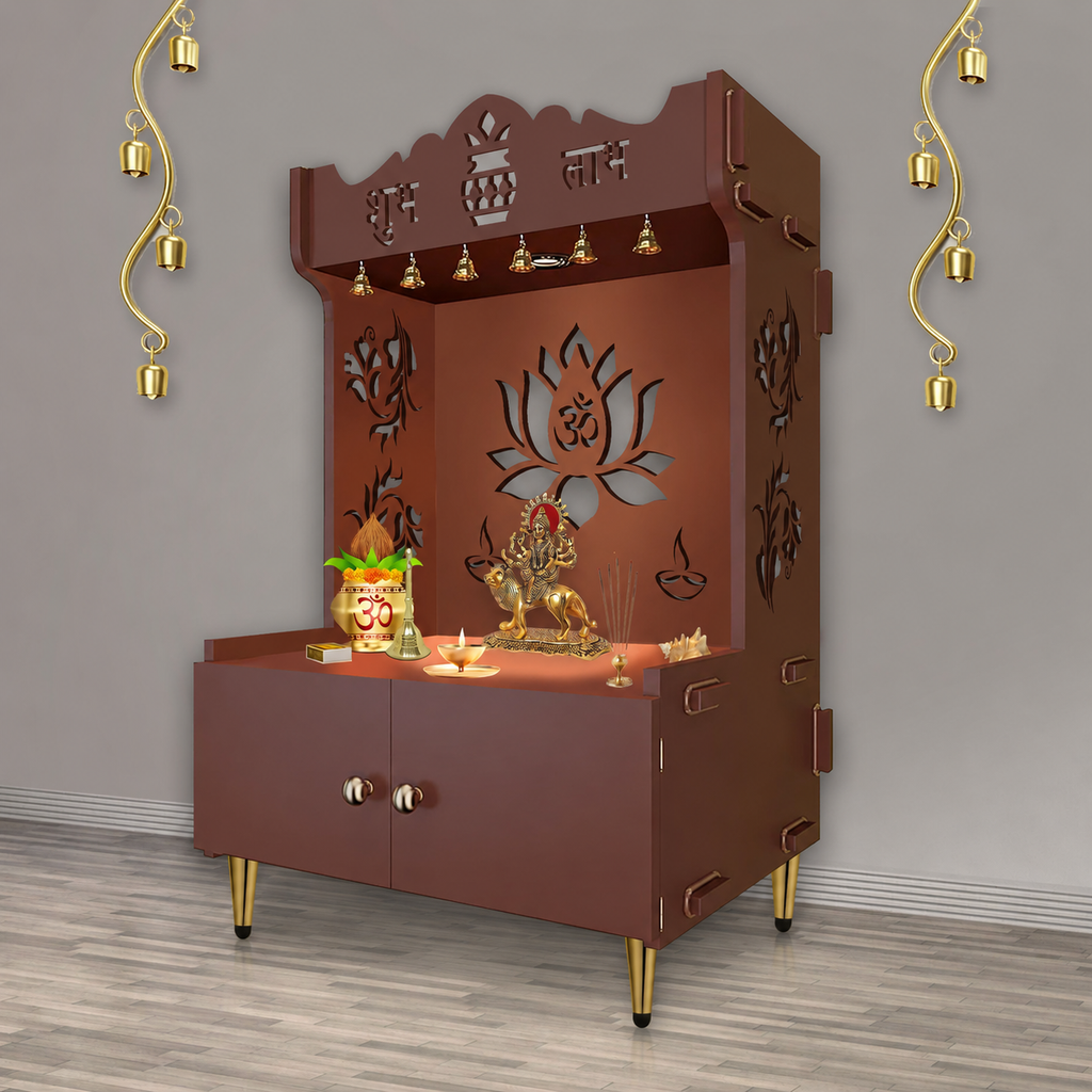 Beautiful Lotus Pattern Floor Temple with Spacious Wooden Shelf & Inbuilt Focus Light- Brown Finish