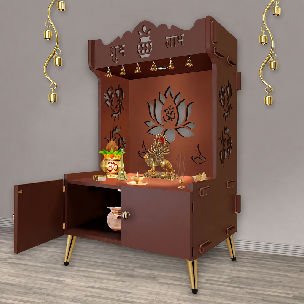 Beautiful Lotus Pattern Floor Temple with Spacious Wooden Shelf & Inbuilt Focus Light- Brown Finish