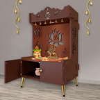 Beautiful Lotus Pattern Floor Temple with Spacious Wooden Shelf & Inbuilt Focus Light- Brown Finish