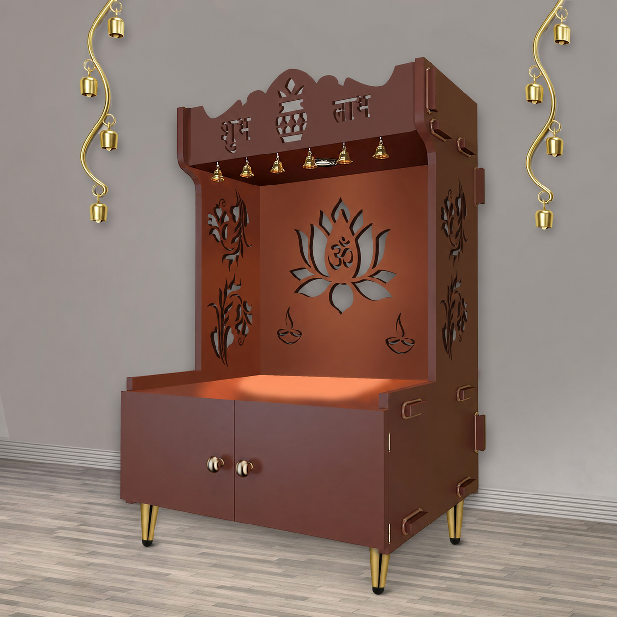 Beautiful Lotus Pattern Floor Temple with Spacious Wooden Shelf & Inbuilt Focus Light- Brown Finish