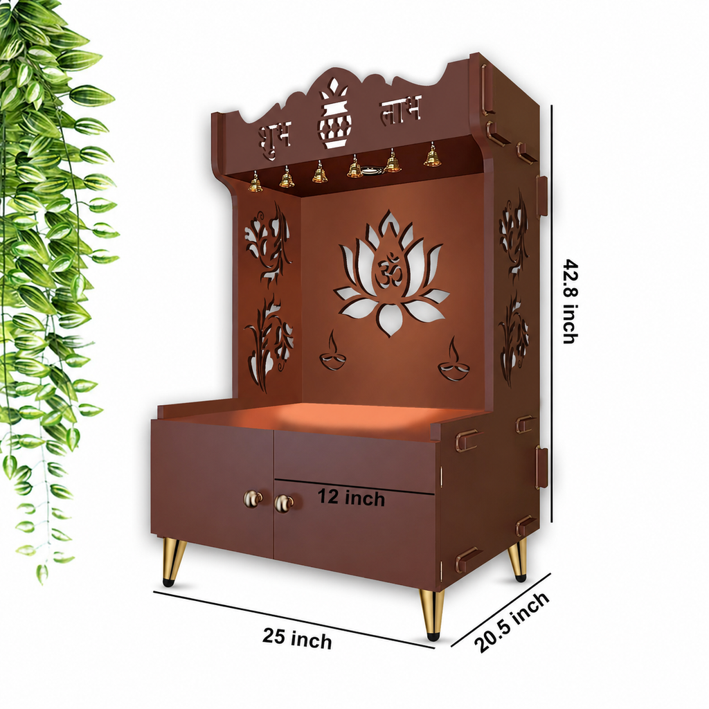 Beautiful Lotus Pattern Floor Temple with Spacious Wooden Shelf & Inbuilt Focus Light- Brown Finish