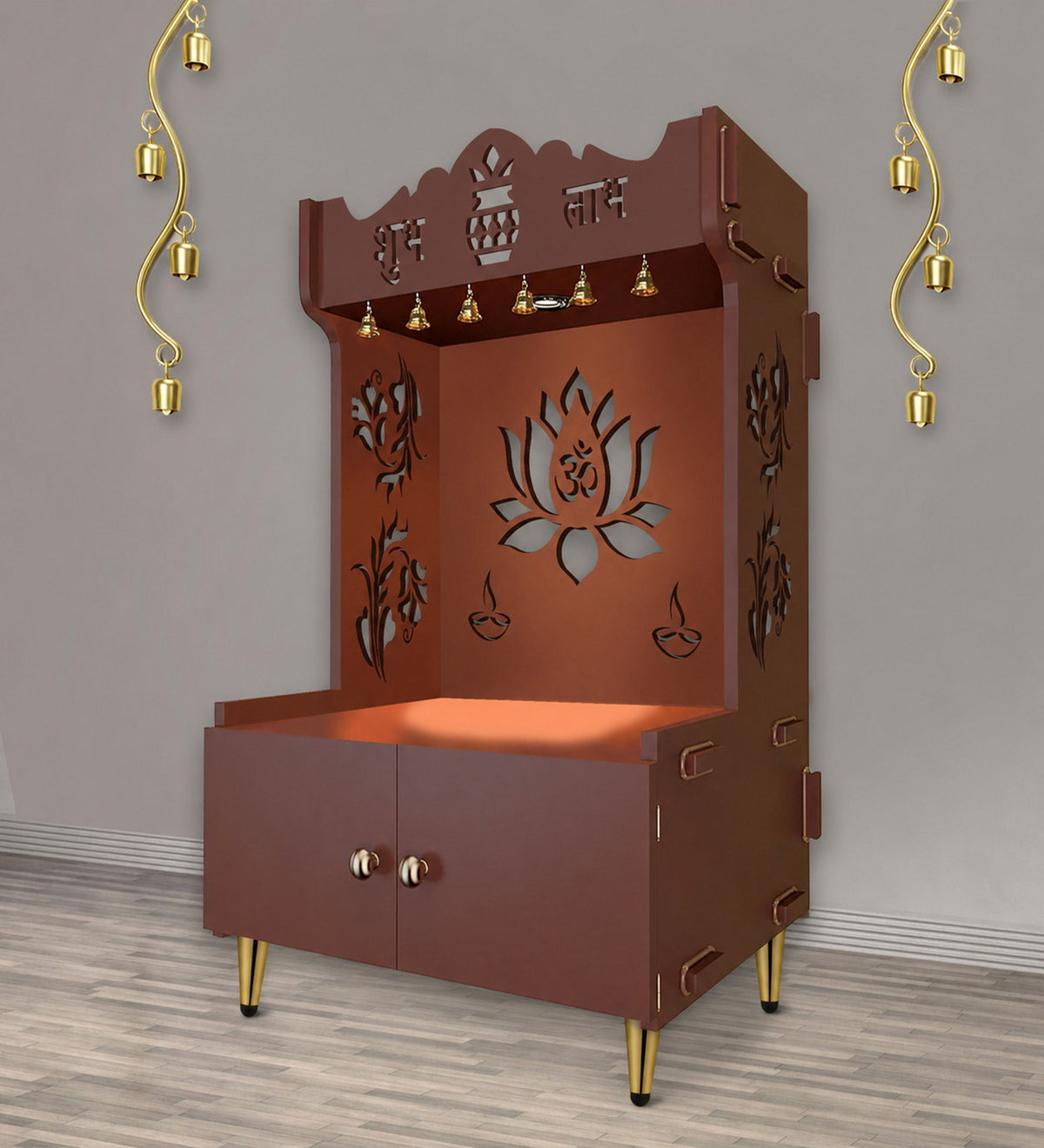 Beautiful Lotus Pattern Floor Temple with Spacious Wooden Shelf & Inbuilt Focus Light- Brown Finish