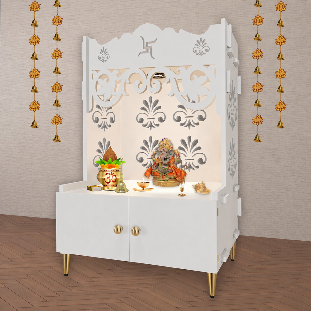 Floral Designer Pattern Floor Temple with Spacious Wooden Shelf & Inbuilt Focus Light- White Finish
