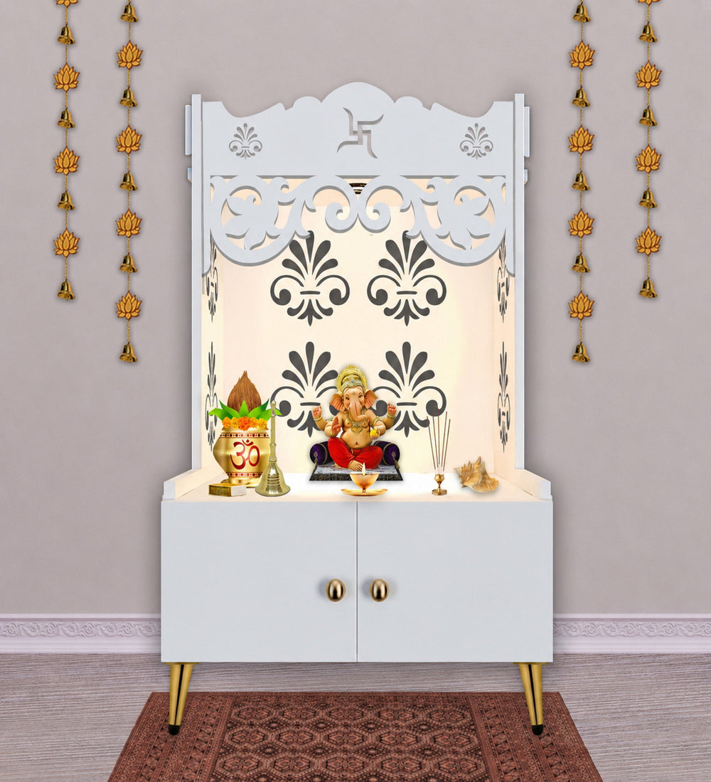 Floral Designer Pattern Floor Temple with Spacious Wooden Shelf & Inbuilt Focus Light- White Finish