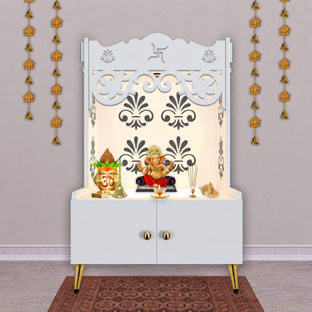 Floral Designer Pattern Floor Temple with Spacious Wooden Shelf & Inbuilt Focus Light- White Finish