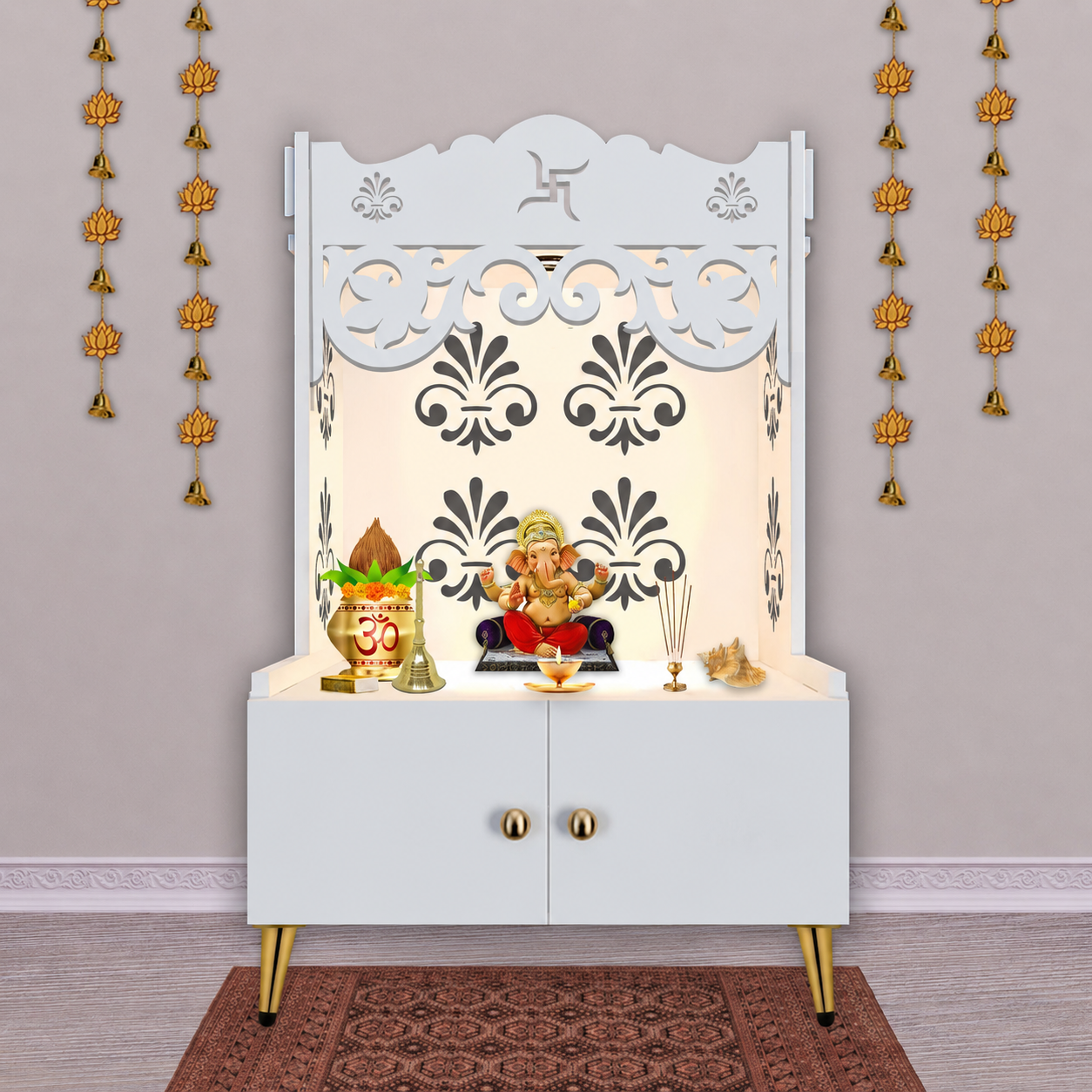 Floral Designer Pattern Floor Temple with Spacious Wooden Shelf & Inbuilt Focus Light- White Finish