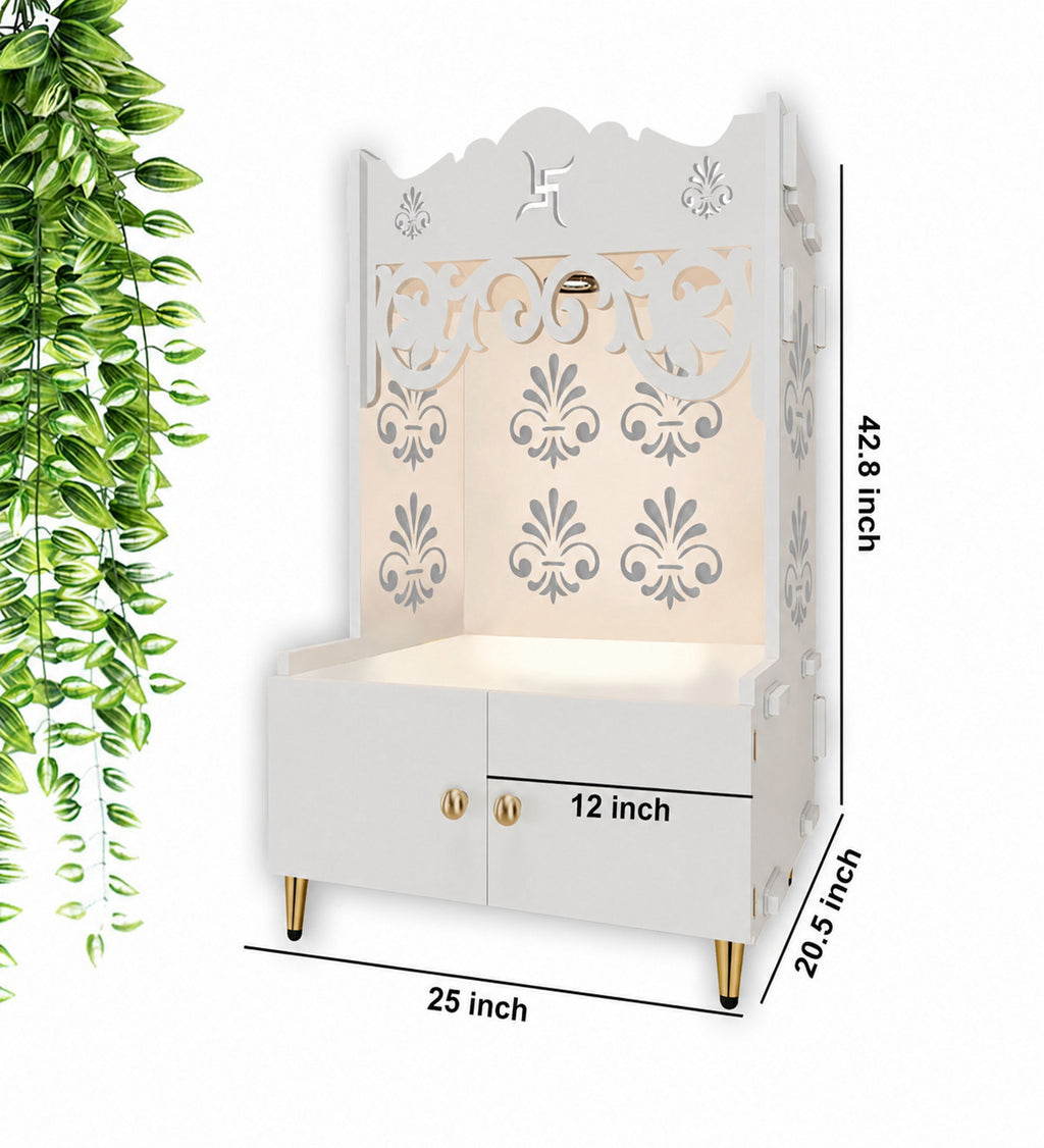 Floral Designer Pattern Floor Temple with Spacious Wooden Shelf & Inbuilt Focus Light- White Finish