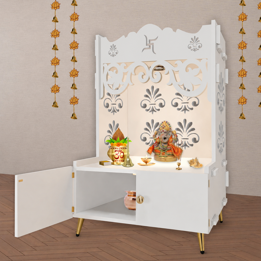 Floral Designer Pattern Floor Temple with Spacious Wooden Shelf & Inbuilt Focus Light- White Finish