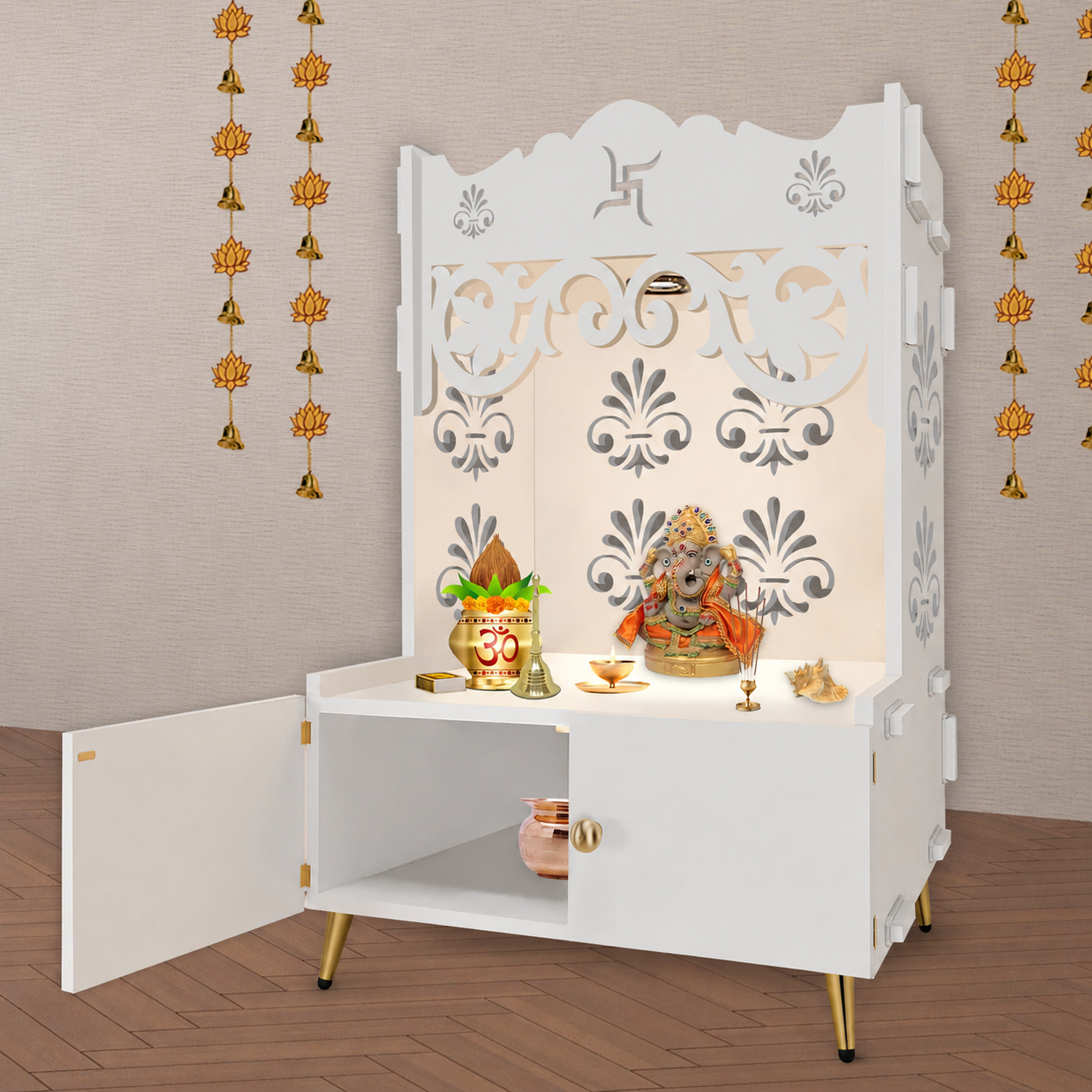Floral Designer Pattern Floor Temple with Spacious Wooden Shelf & Inbuilt Focus Light- White Finish
