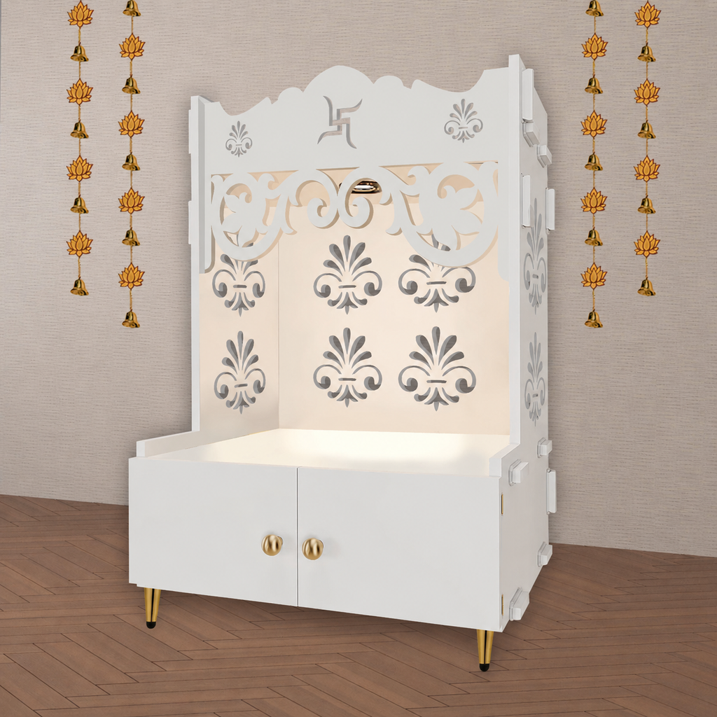 Floral Designer Pattern Floor Temple with Spacious Wooden Shelf & Inbuilt Focus Light- White Finish