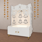 Floral Designer Pattern Floor Temple with Spacious Wooden Shelf & Inbuilt Focus Light- White Finish