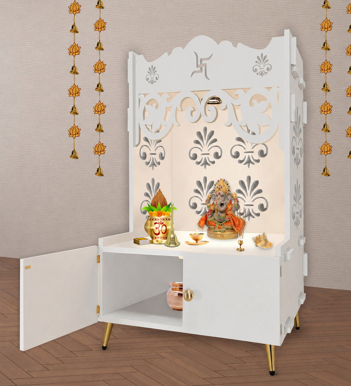 Floral Designer Pattern Floor Temple with Spacious Wooden Shelf & Inbuilt Focus Light- White Finish