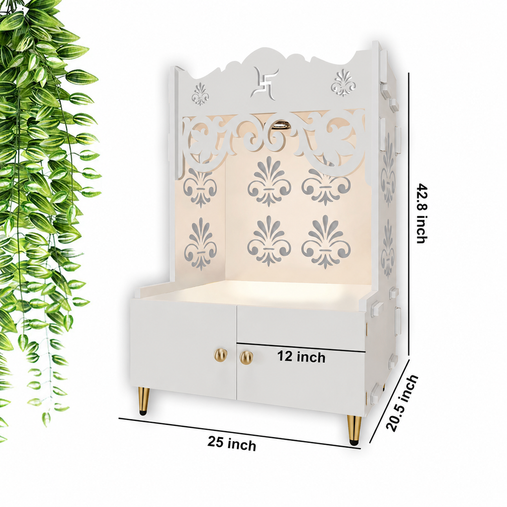 Floral Designer Pattern Floor Temple with Spacious Wooden Shelf & Inbuilt Focus Light- White Finish