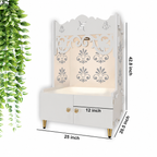 Floral Designer Pattern Floor Temple with Spacious Wooden Shelf & Inbuilt Focus Light- White Finish