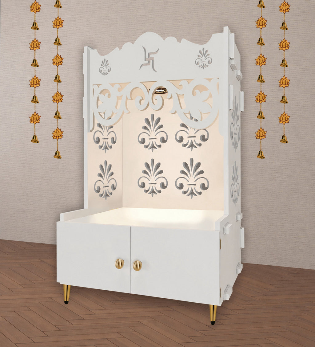 Floral Designer Pattern Floor Temple with Spacious Wooden Shelf & Inbuilt Focus Light- White Finish