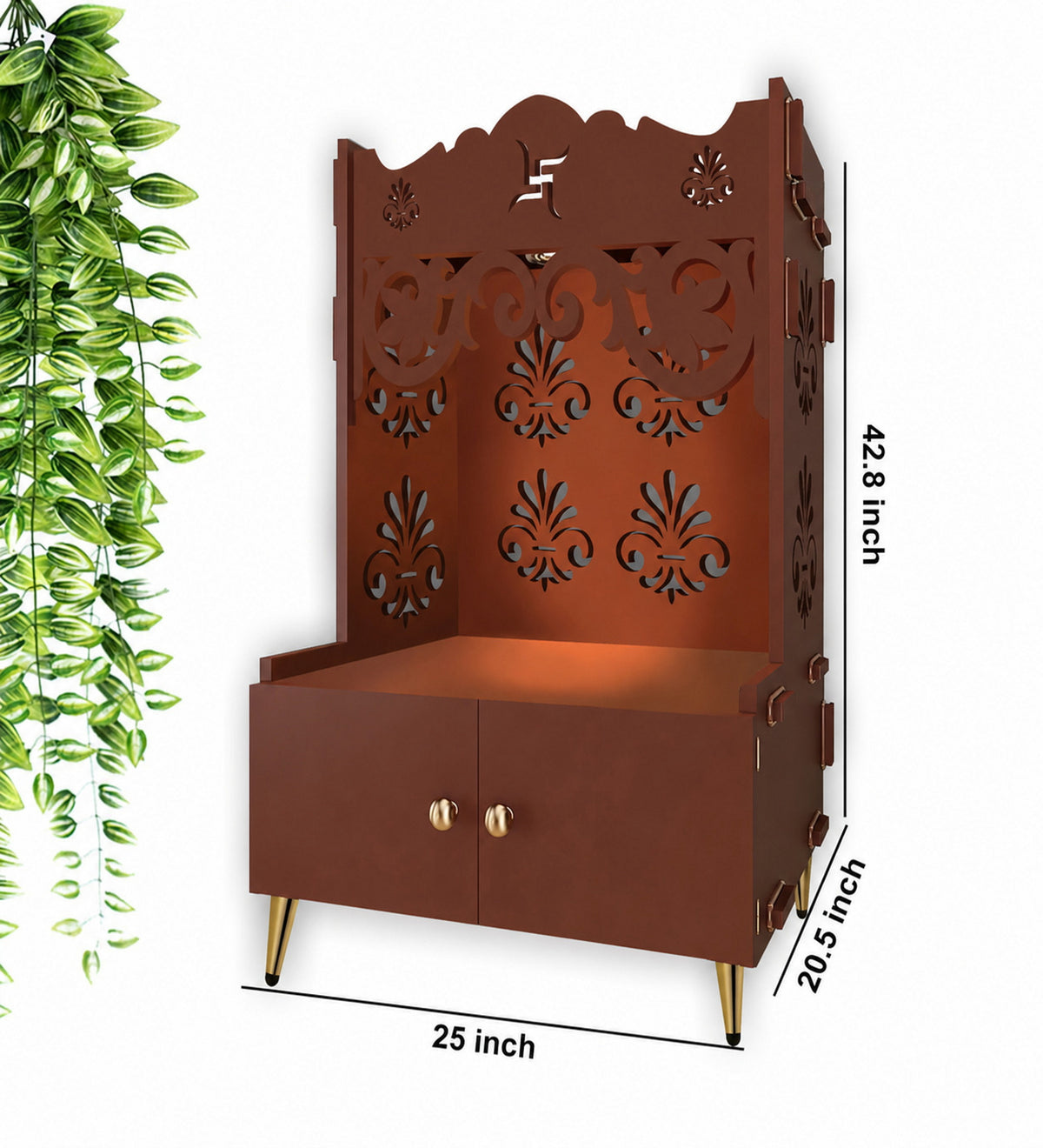 Floral Designer Pattern Floor Temple with Spacious Wooden Shelf & Inbuilt Focus Light- Brown Finish