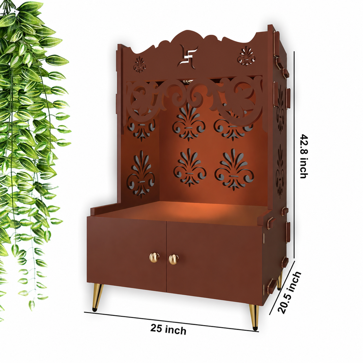 Floral Designer Pattern Floor Temple with Spacious Wooden Shelf & Inbuilt Focus Light- Brown Finish