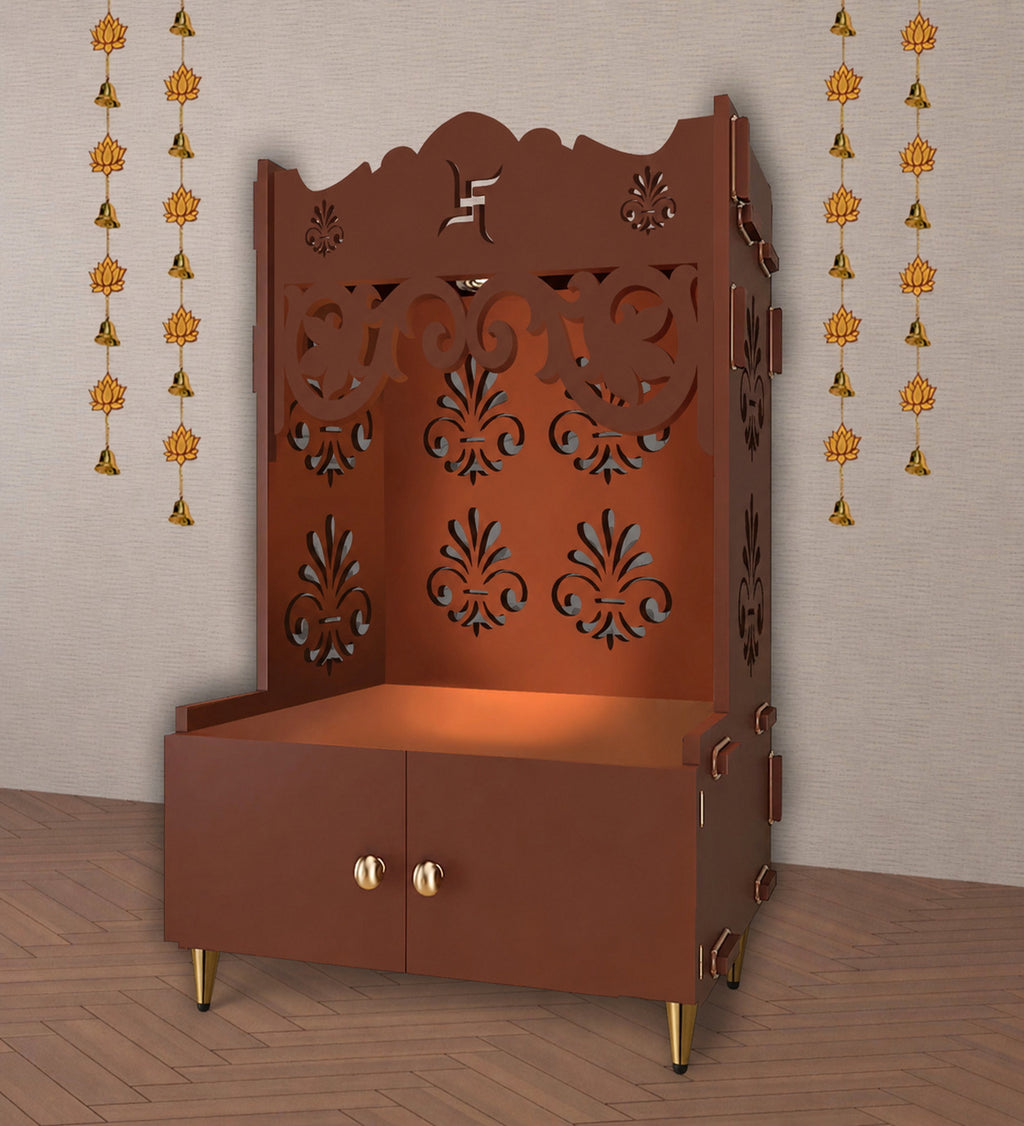 Floral Designer Pattern Floor Temple with Spacious Wooden Shelf & Inbuilt Focus Light- Brown Finish