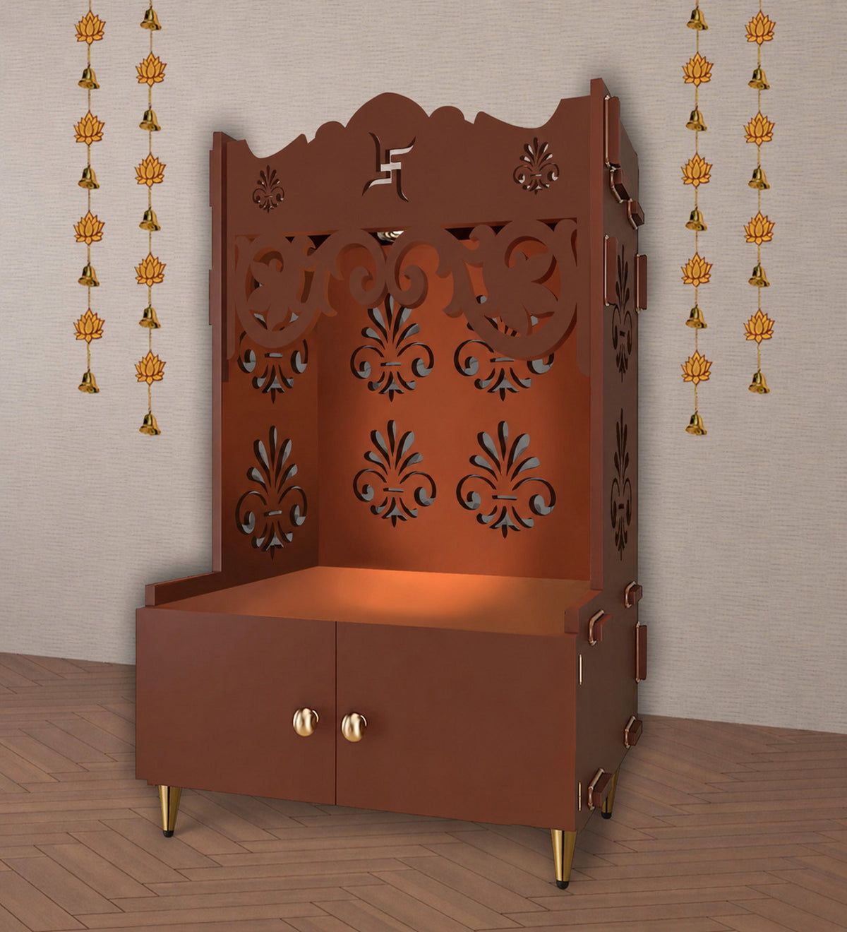Floral Designer Pattern Floor Temple with Spacious Wooden Shelf & Inbuilt Focus Light- Brown Finish