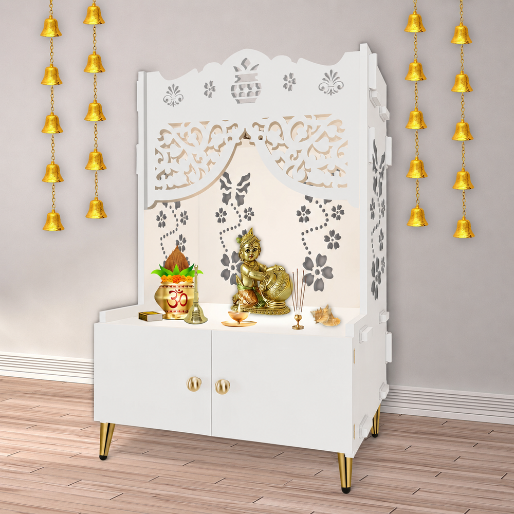 Beautiful Flower Design Pattern Floor Temple with Spacious Wooden Shelf & Inbuilt Focus Light- White Finish