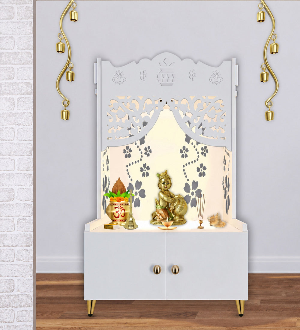 Beautiful Flower Design Pattern Floor Temple with Spacious Wooden Shelf & Inbuilt Focus Light- White Finish