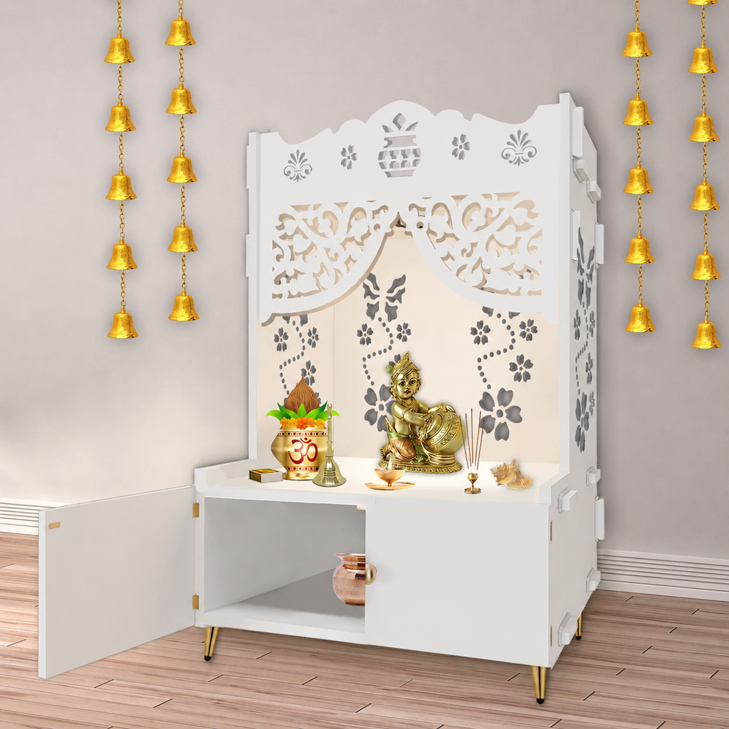 Beautiful Flower Design Pattern Floor Temple with Spacious Wooden Shelf & Inbuilt Focus Light- White Finish