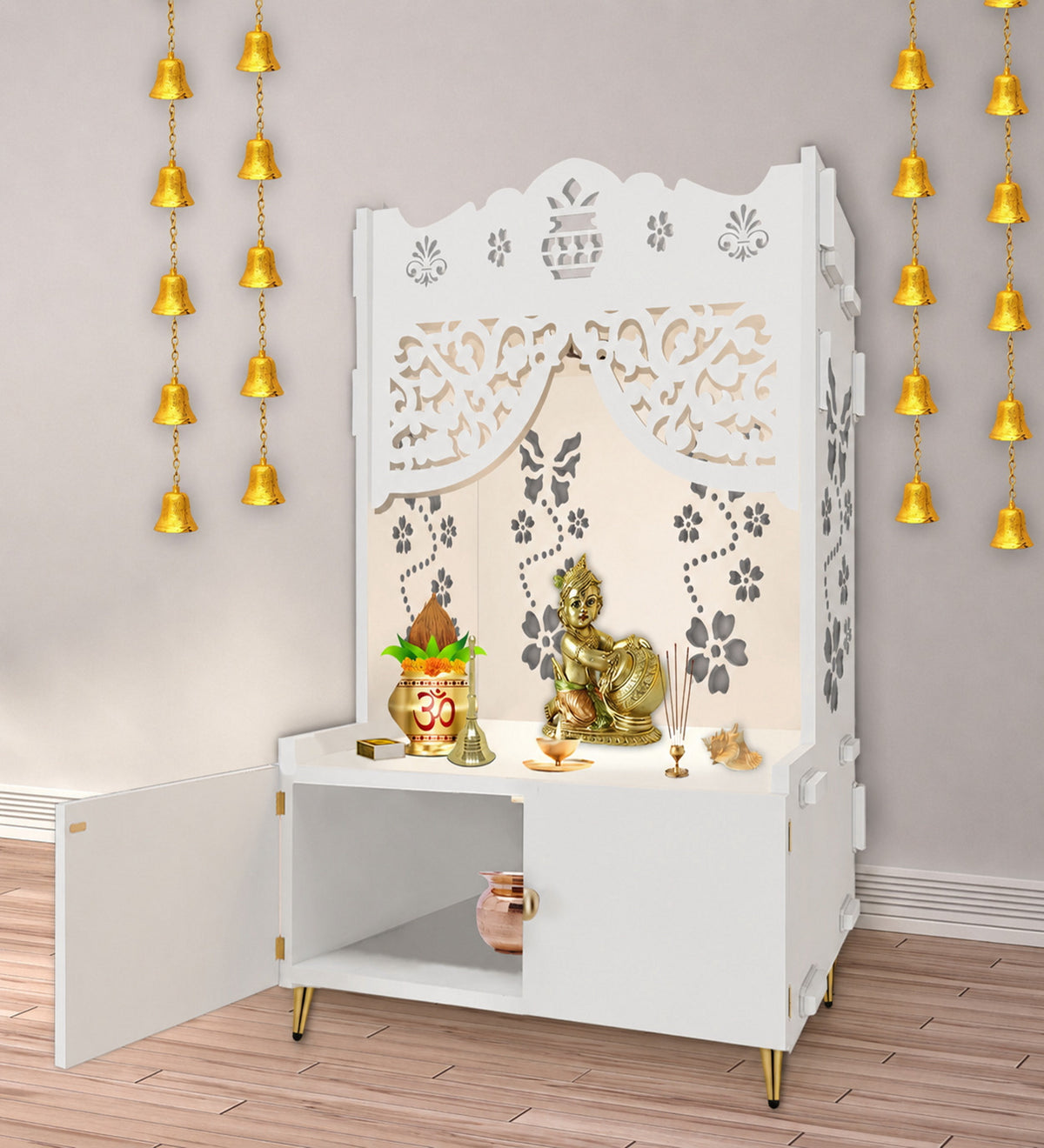 Beautiful Flower Design Pattern Floor Temple with Spacious Wooden Shelf & Inbuilt Focus Light- White Finish