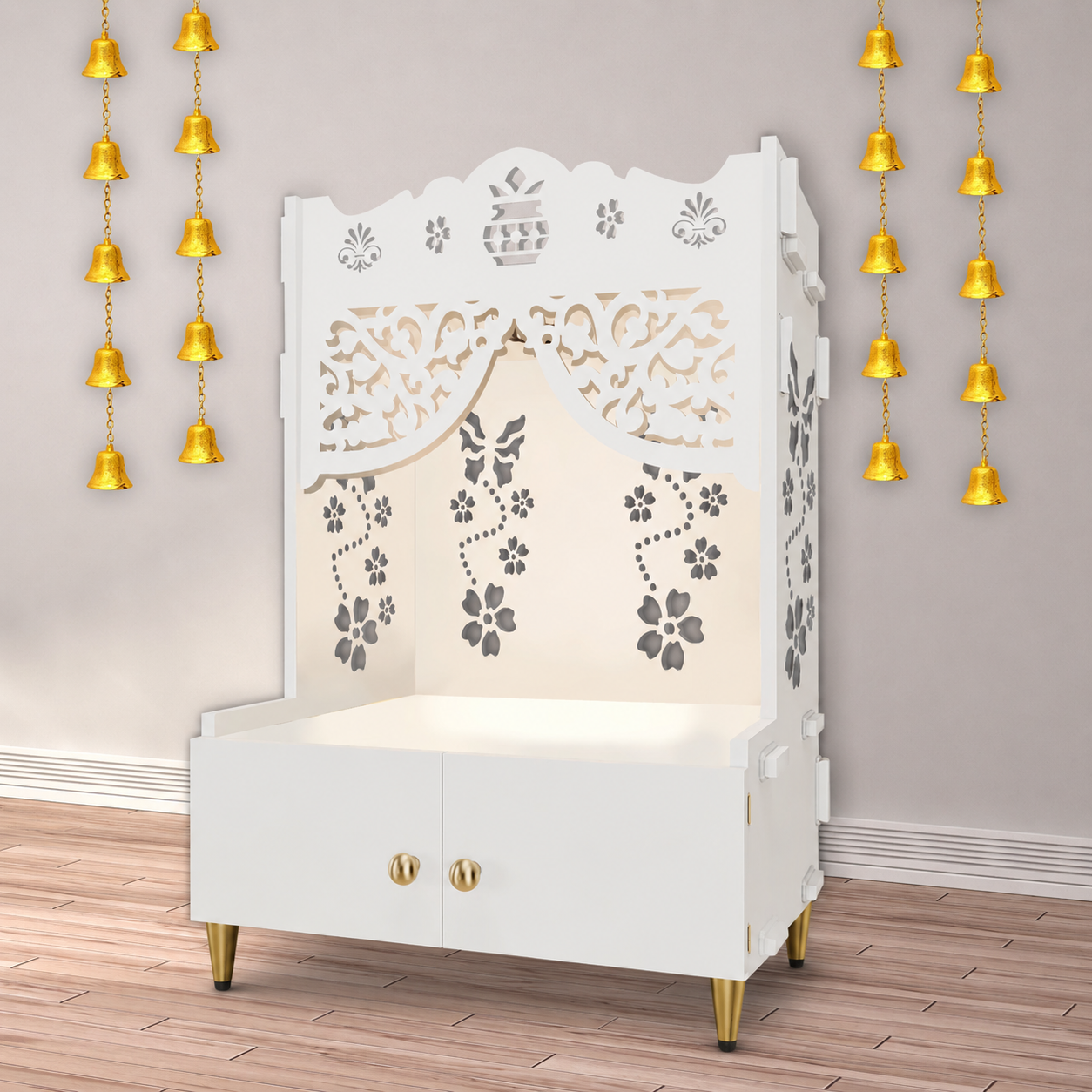 Beautiful Flower Design Pattern Floor Temple with Spacious Wooden Shelf & Inbuilt Focus Light- White Finish