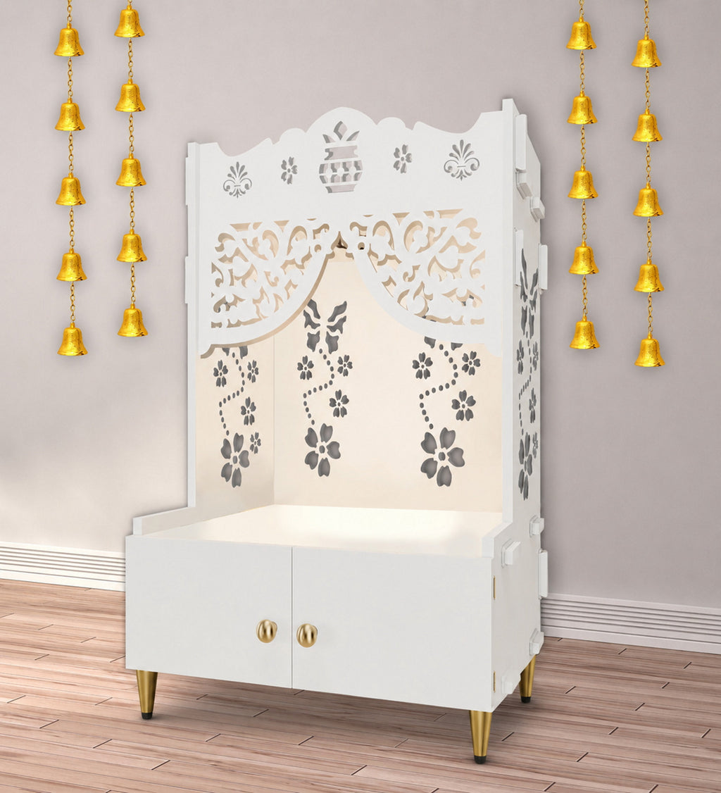 Beautiful Flower Design Pattern Floor Temple with Spacious Wooden Shelf & Inbuilt Focus Light- White Finish