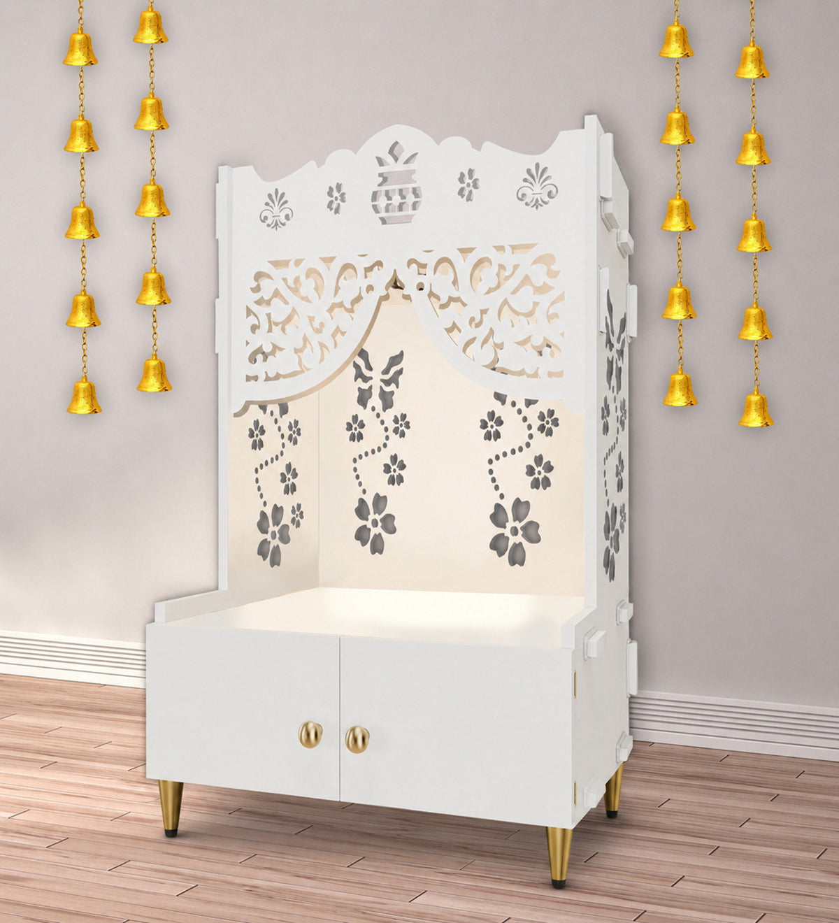 Beautiful Flower Design Pattern Floor Temple with Spacious Wooden Shelf & Inbuilt Focus Light- White Finish
