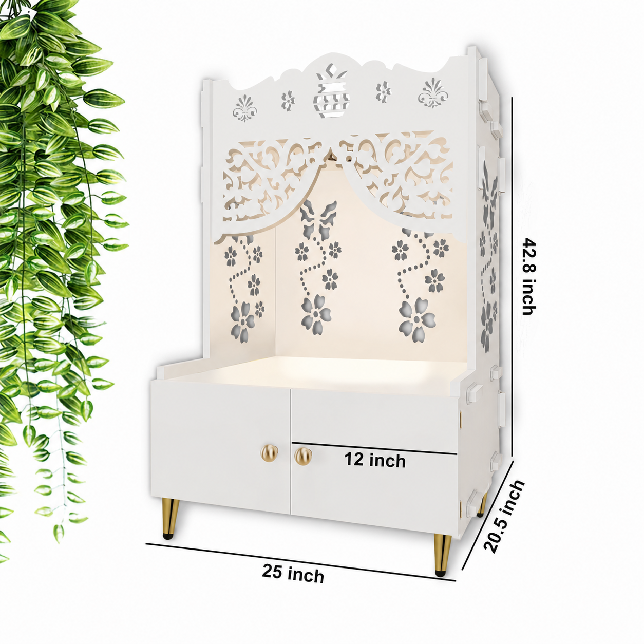 Beautiful Flower Design Pattern Floor Temple with Spacious Wooden Shelf & Inbuilt Focus Light- White Finish