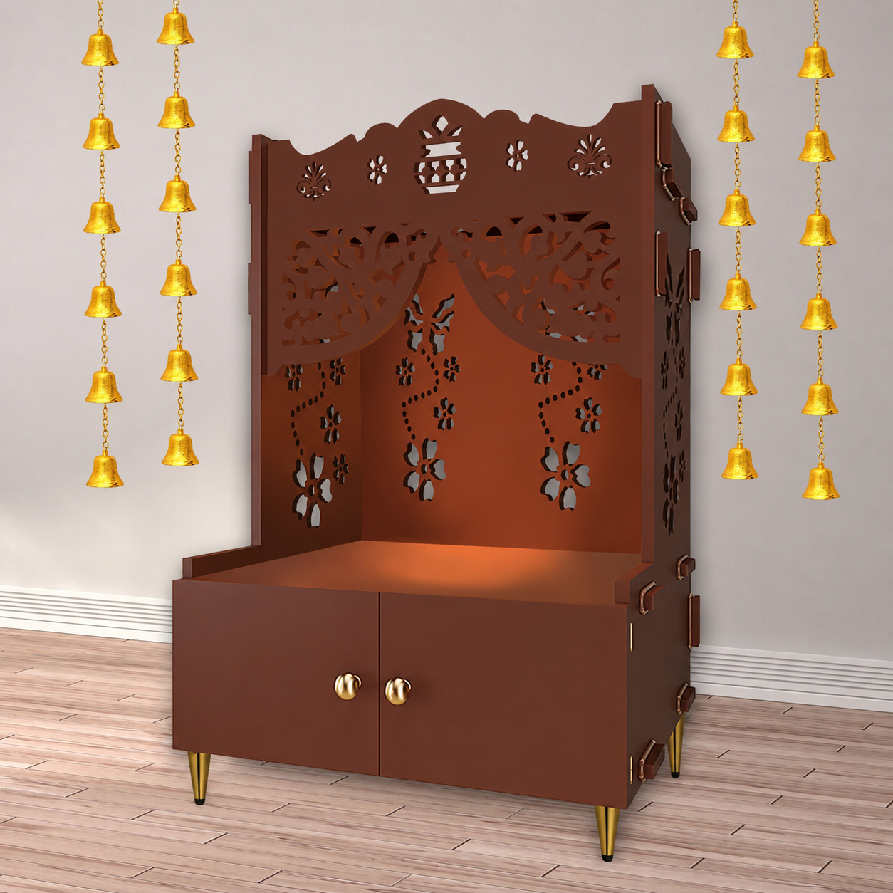 Beautiful Flower Design Pattern Floor Temple with Spacious Wooden Shelf & Inbuilt Focus Light- Brown Finish