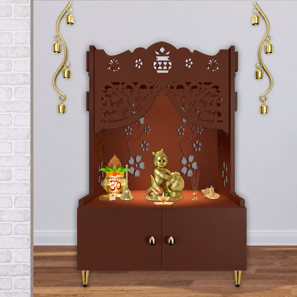 Beautiful Flower Design Pattern Floor Temple with Spacious Wooden Shelf & Inbuilt Focus Light- Brown Finish