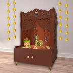 Beautiful Flower Design Pattern Floor Temple with Spacious Wooden Shelf & Inbuilt Focus Light- Brown Finish