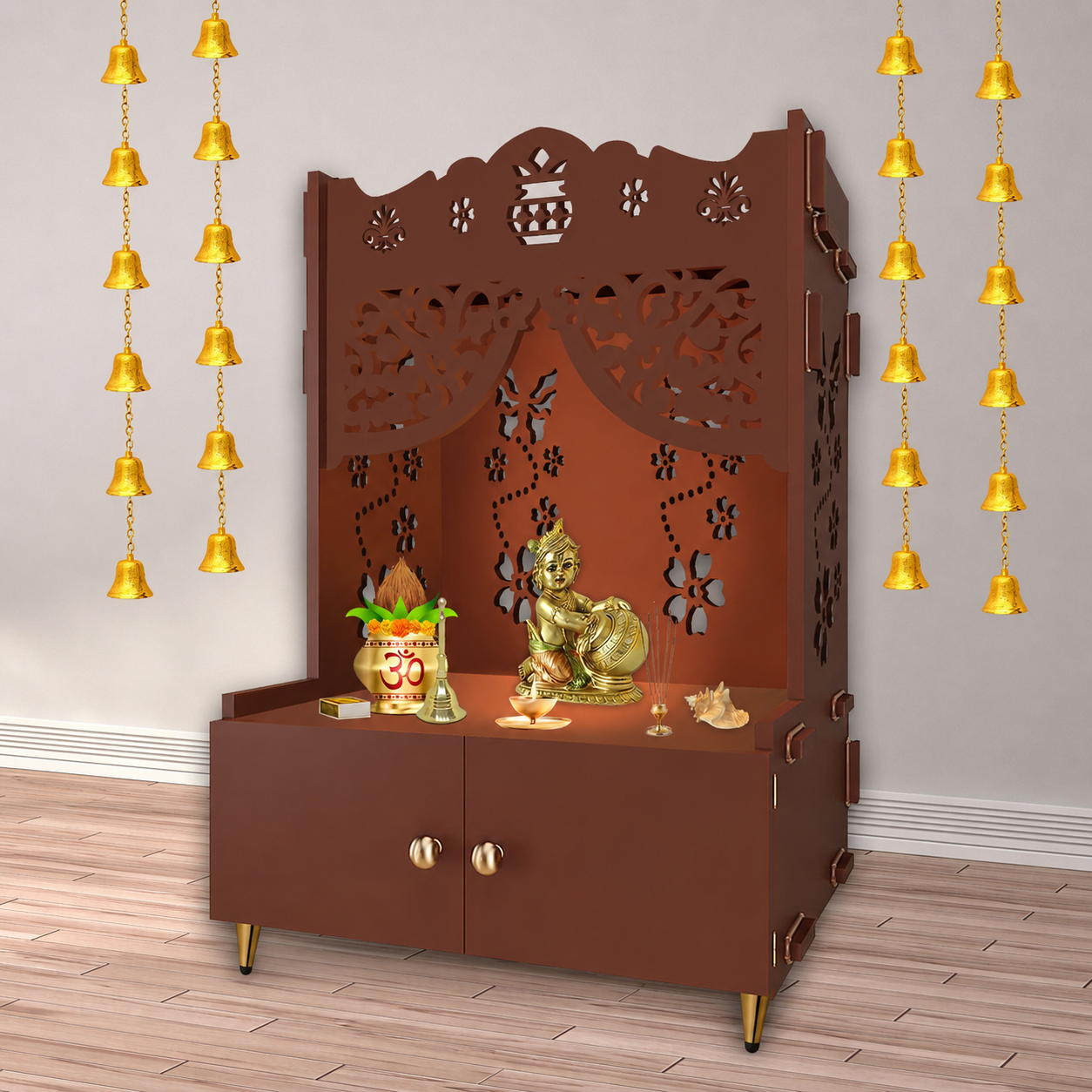 Beautiful Flower Design Pattern Floor Temple with Spacious Wooden Shelf & Inbuilt Focus Light- Brown Finish